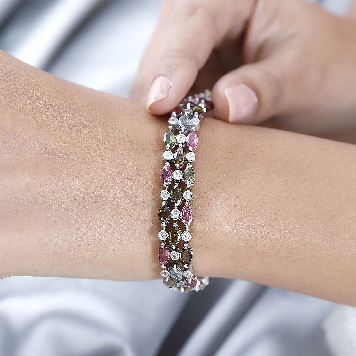 Multi-Tourmaline and White Zircon Bracelet in Platinum Over Sterling Silver (8.00 In) 18.00 ctw image number 2