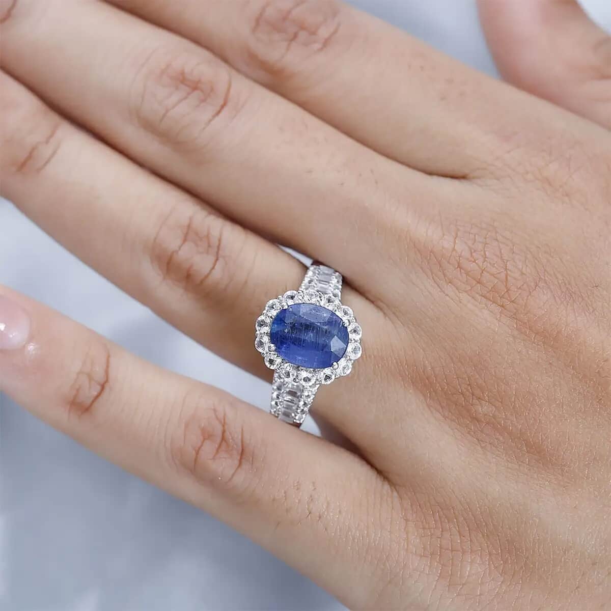 Premium Kyanite and White Topaz Halo Ring in Platinum Over Sterling Silver (Size 10.0) 5.40 ctw image number 7