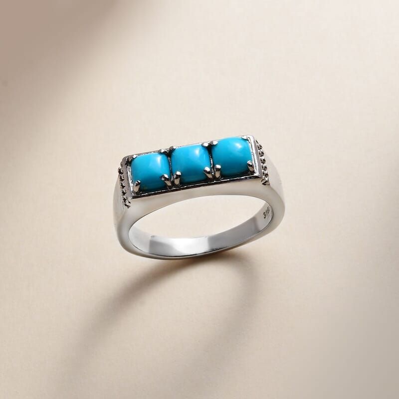 Sleeping Beauty Turquoise 3 Stone Men's Ring in Stainless Steel (Size 10.0) 1.65 ctw