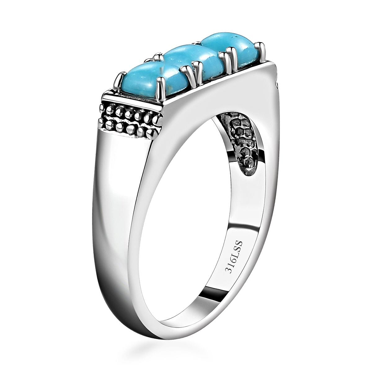 Sleeping Beauty Turquoise 3 Stone Men's Ring in Stainless Steel (Size 10.0) 1.65 ctw image number 3
