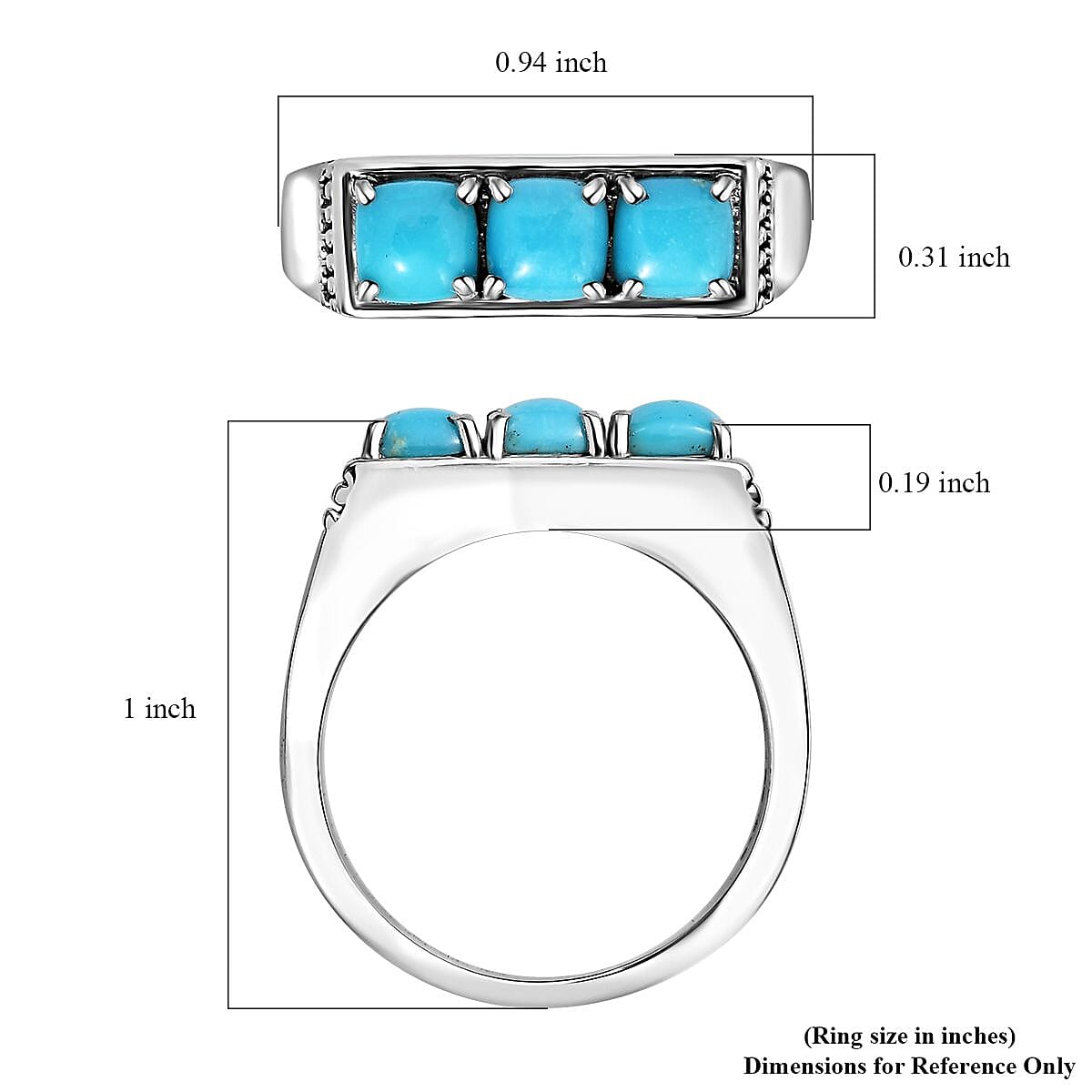 Sleeping Beauty Turquoise 3 Stone Men's Ring in Stainless Steel (Size 10.0) 1.65 ctw