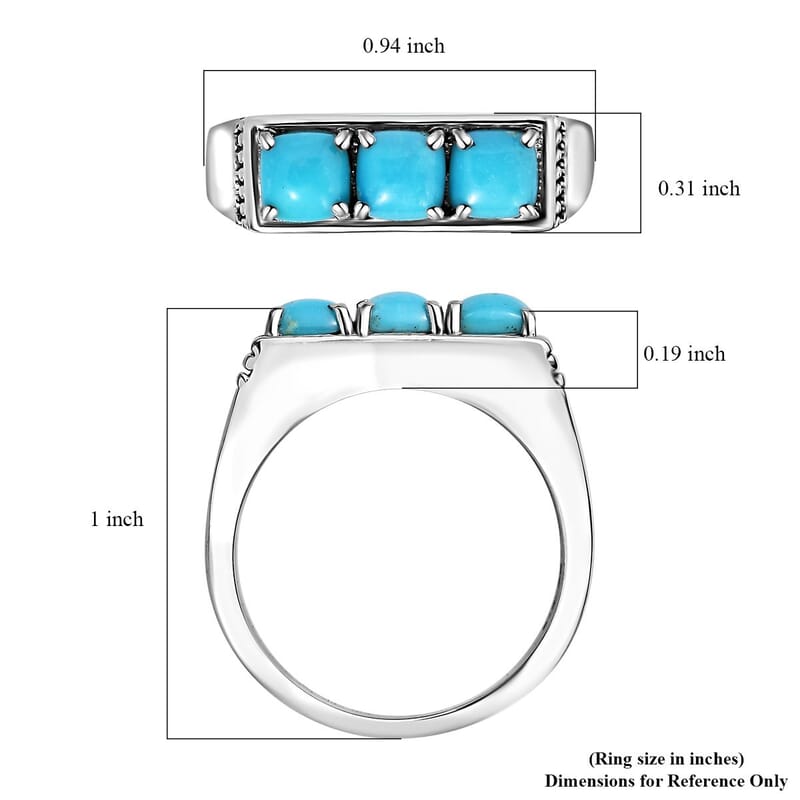 Sleeping Beauty Turquoise 3 Stone Men's Ring in Stainless Steel (Size 10.0) 1.65 ctw