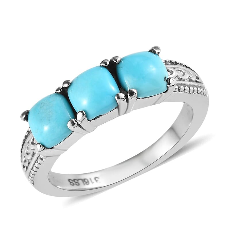 Sleeping Beauty Turquoise 3 Stone Ring in Stainless Steel (Size 10.0) 1.70 ctw