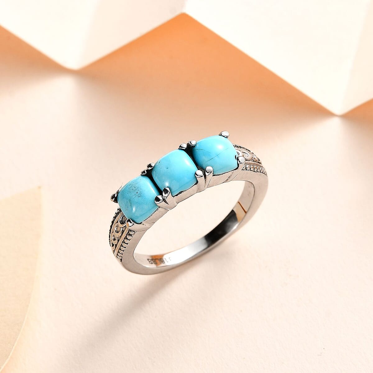 Sleeping Beauty Turquoise 3 Stone Ring in Stainless Steel (Size 10.0) 1.70 ctw image number 1