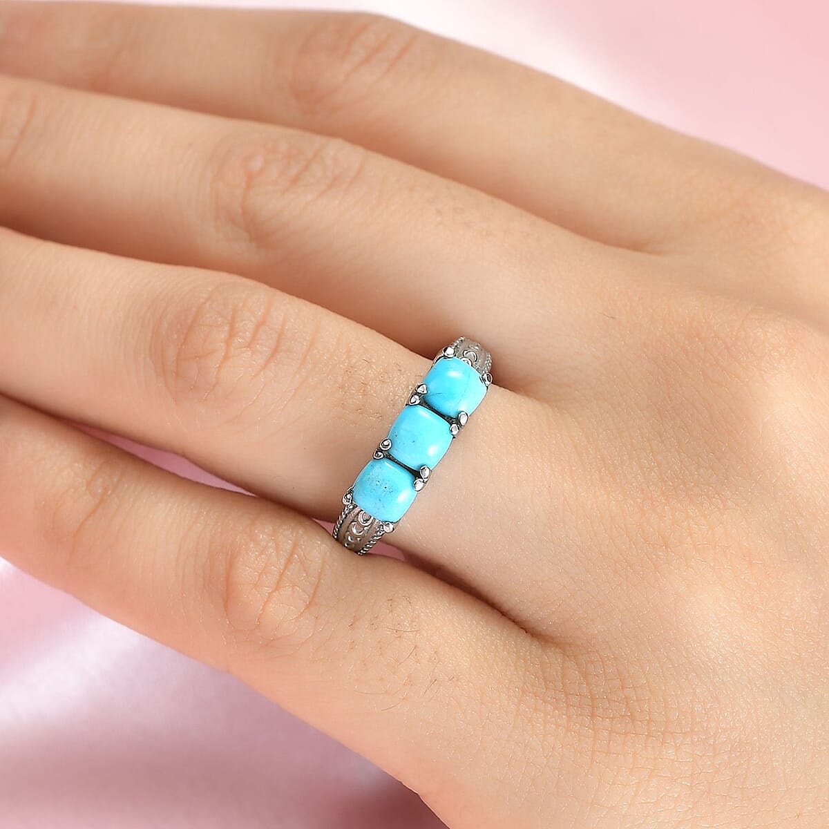 Sleeping Beauty Turquoise 3 Stone Ring in Stainless Steel (Size 9.0) 1.70 ctw image number 2