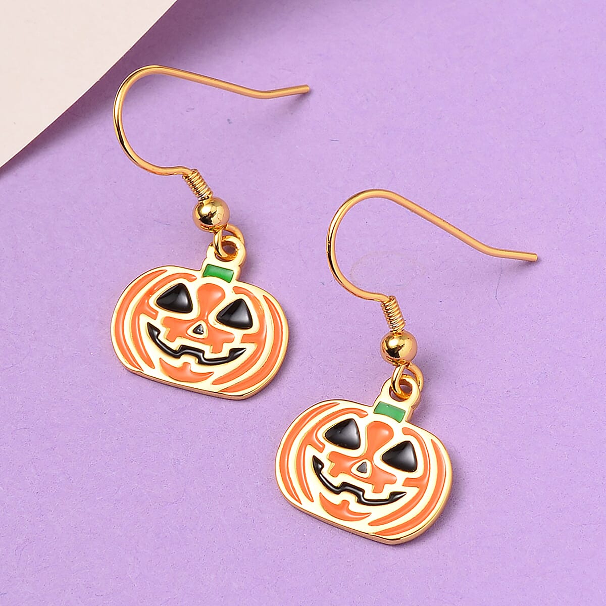 Black and Orange Enameled Halloween Pumpkins Earrings in 14K Yellow Gold Over Sterling Silver image number 1