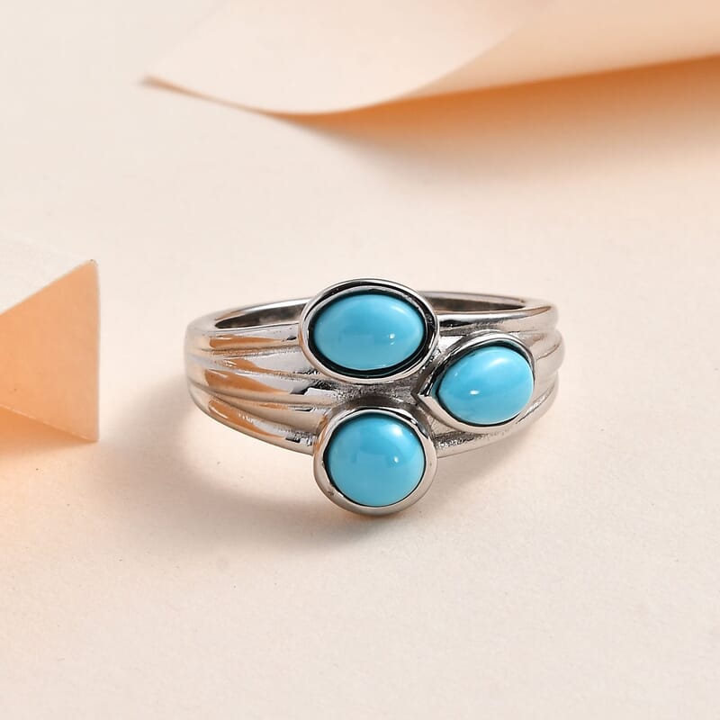 Sleeping Beauty Turquoise 3 Stone Ring in Stainless Steel (Size 10.0) 1.50 ctw