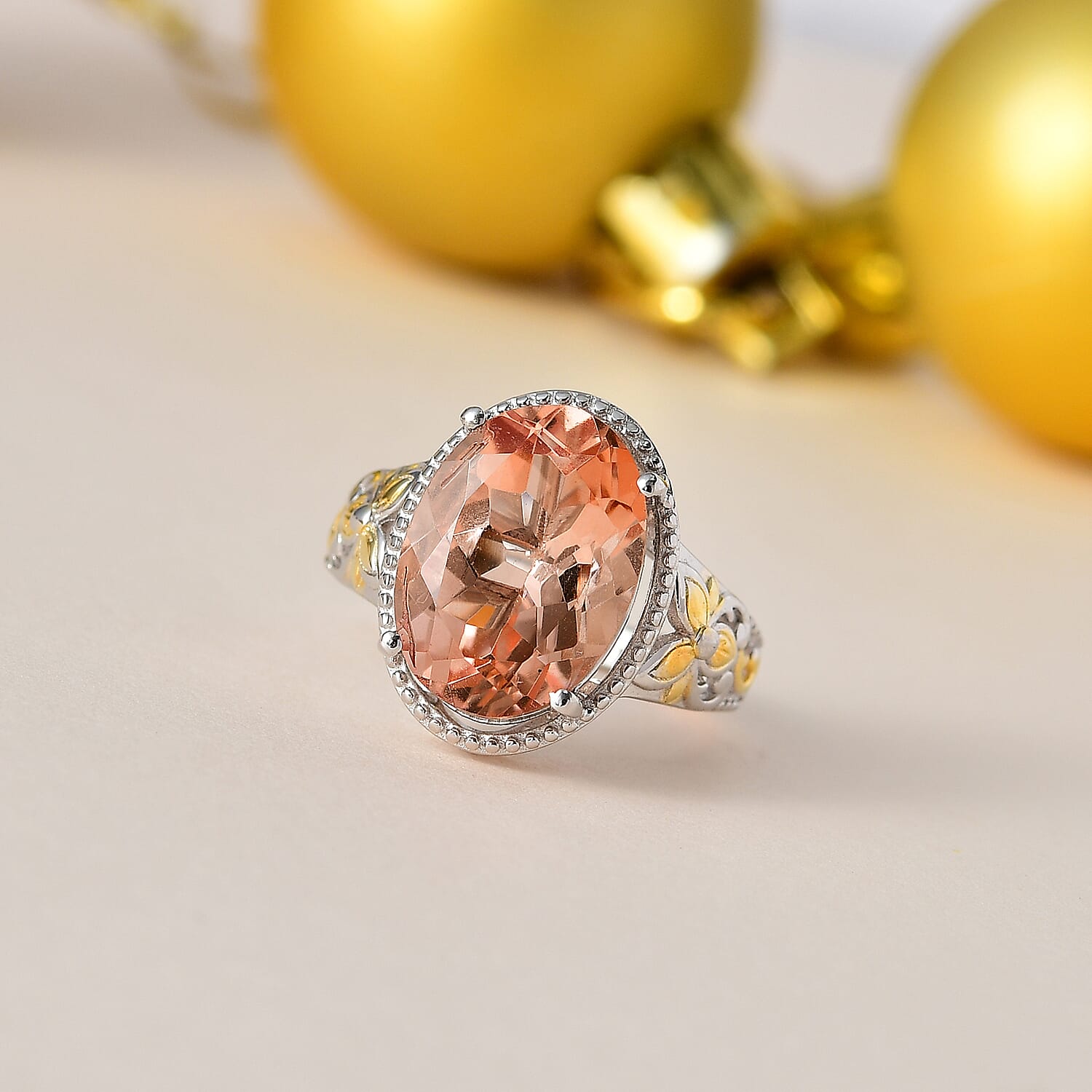 Karis Morganique Quartz (Triplet) Solitaire Ring in 18K YG Plated and Platinum Bond (Size 10.0) 6.40 ctw