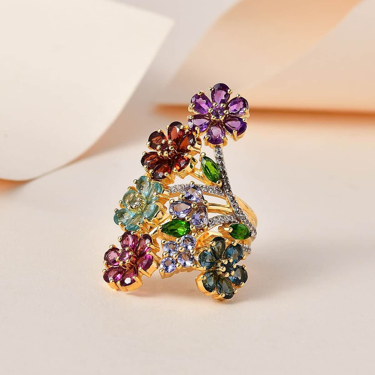 Multi Gemstone Floral Ring in Vermeil Yellow Gold Over Sterling Silver (Size 5.0) 7.10 ctw image number 1