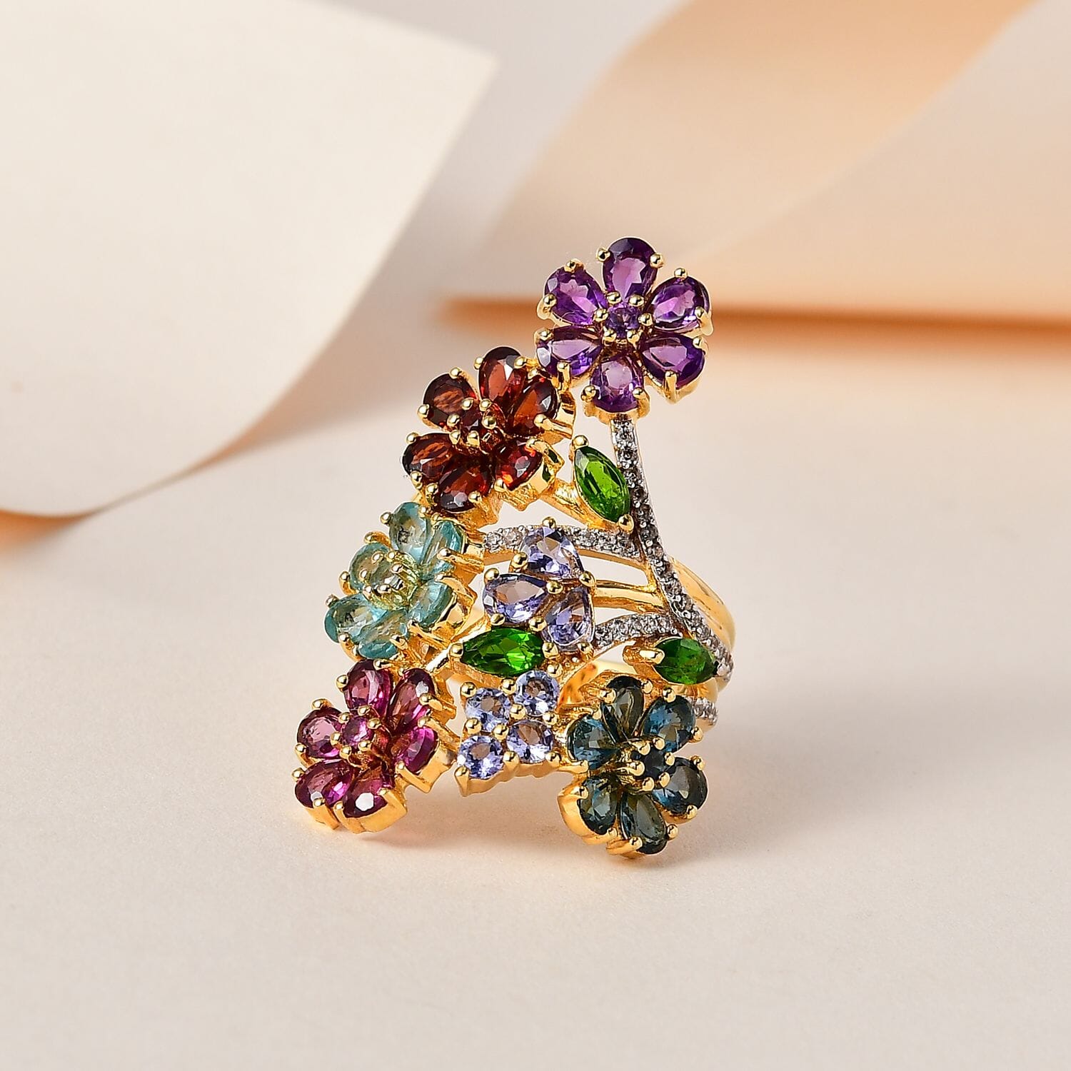 Buy Multi Gemstone Floral Ring in Vermeil Yellow Gold Over Buy Multi Gemstone Floral Ring in Vermeil Yellow Gold Over