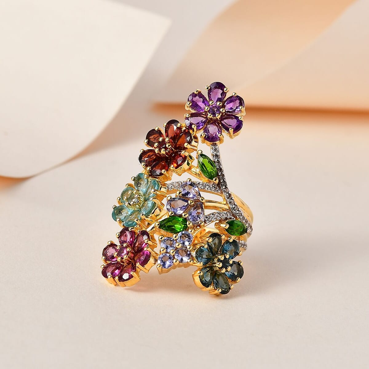 Multi Gemstone Floral Ring in Vermeil Yellow Gold Over Sterling Silver (Size 9.0) 7.10 ctw image number 1