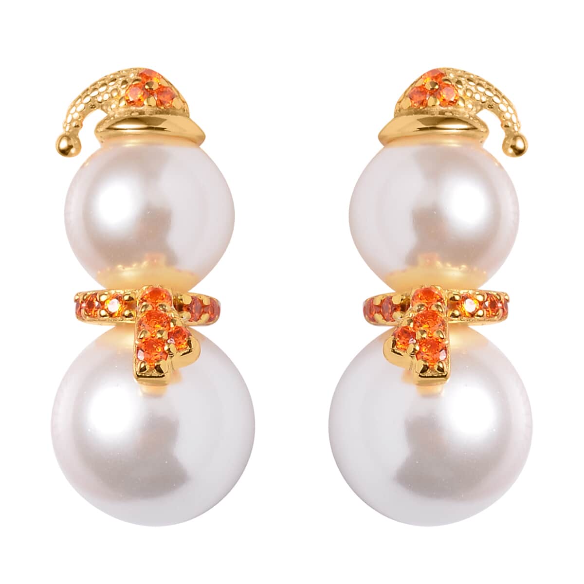 White Shell Pearl and Simulated Orange Diamond Earrings in 14K Yellow Gold Over Sterling Silver 0.60 ctw image number 0