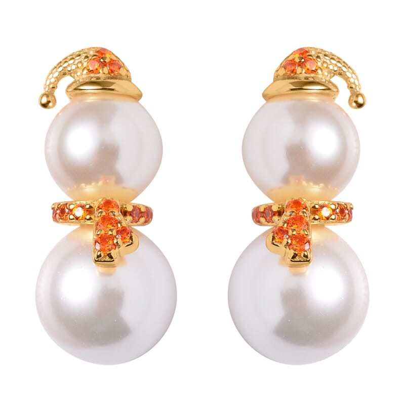 White Shell Pearl and Simulated Orange Diamond Fall Halloween Snowman Earrings in 14K Yellow Gold Over Sterling Silver 0.60 ctw