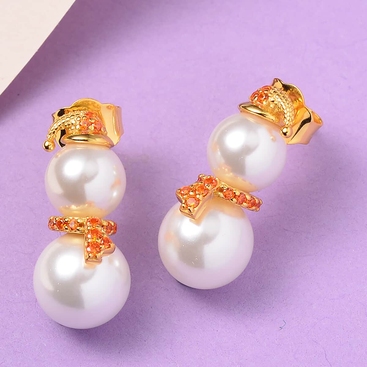 White Shell Pearl and Simulated Orange Diamond Earrings in 14K Yellow Gold Over Sterling Silver 0.60 ctw image number 1
