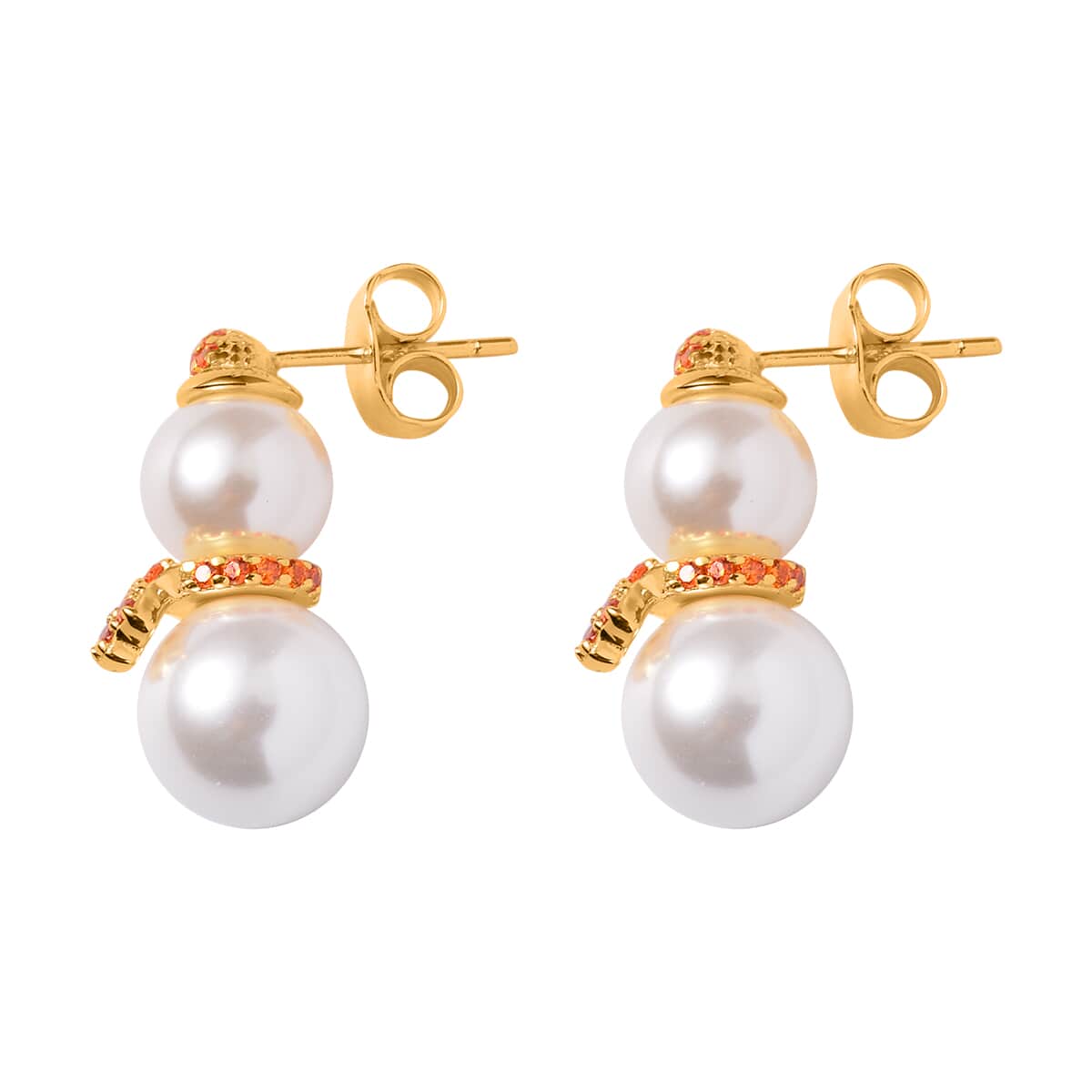White Shell Pearl and Simulated Orange Diamond Earrings in 14K Yellow Gold Over Sterling Silver 0.60 ctw image number 3