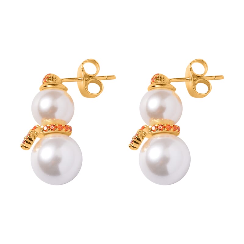 White Shell Pearl and Simulated Orange Diamond Fall Halloween Snowman Earrings in 14K Yellow Gold Over Sterling Silver 0.60 ctw