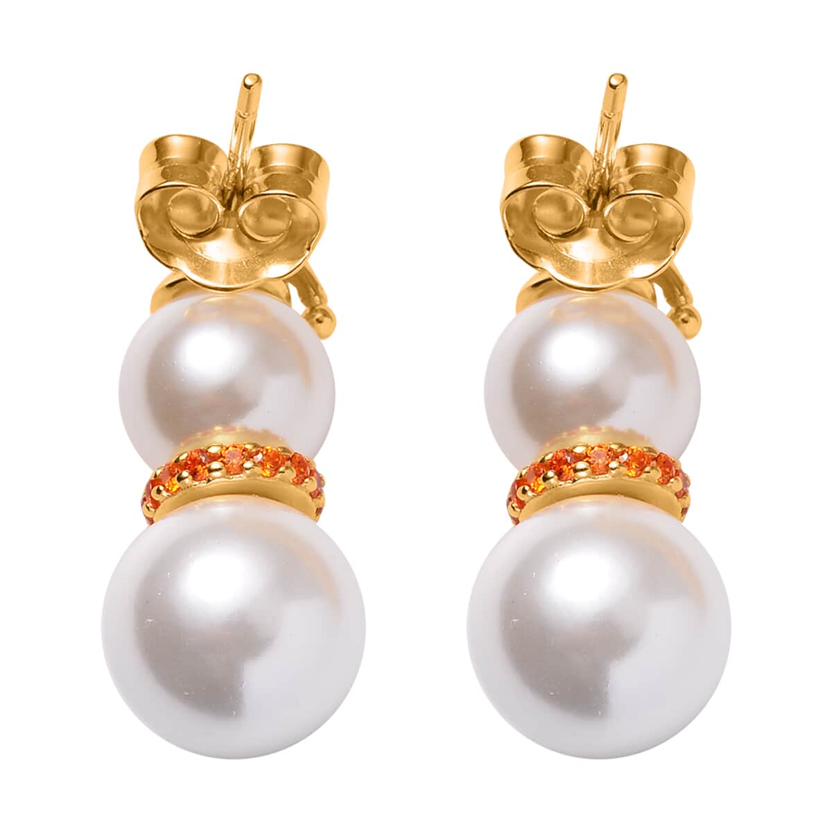 White Shell Pearl and Simulated Orange Diamond Earrings in 14K Yellow Gold Over Sterling Silver 0.60 ctw image number 4