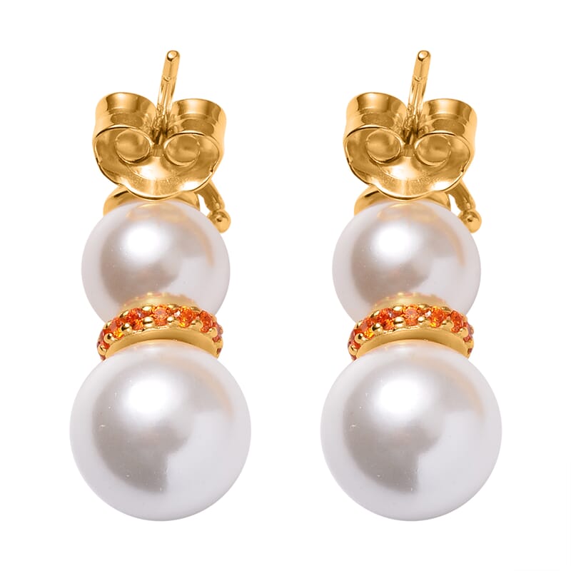 White Shell Pearl and Simulated Orange Diamond Fall Halloween Snowman Earrings in 14K Yellow Gold Over Sterling Silver 0.60 ctw