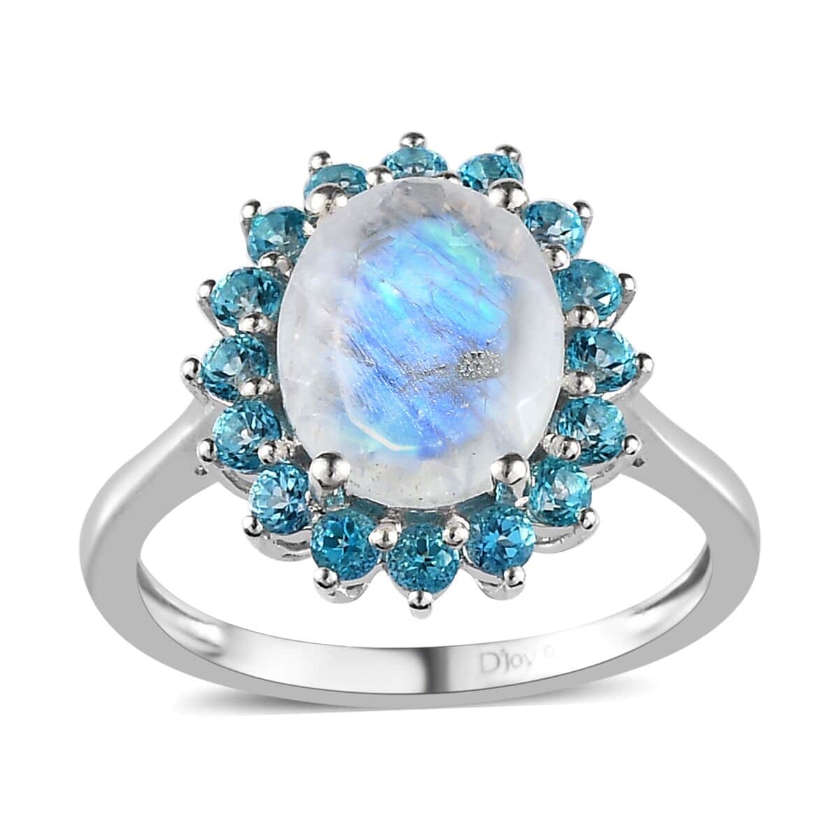 Premium Rainbow Moonstone and Signity Pariaba Topaz Halo Ring in Platinum Over Sterling Silver (Size 10.0) 3.10 ctw image number 0