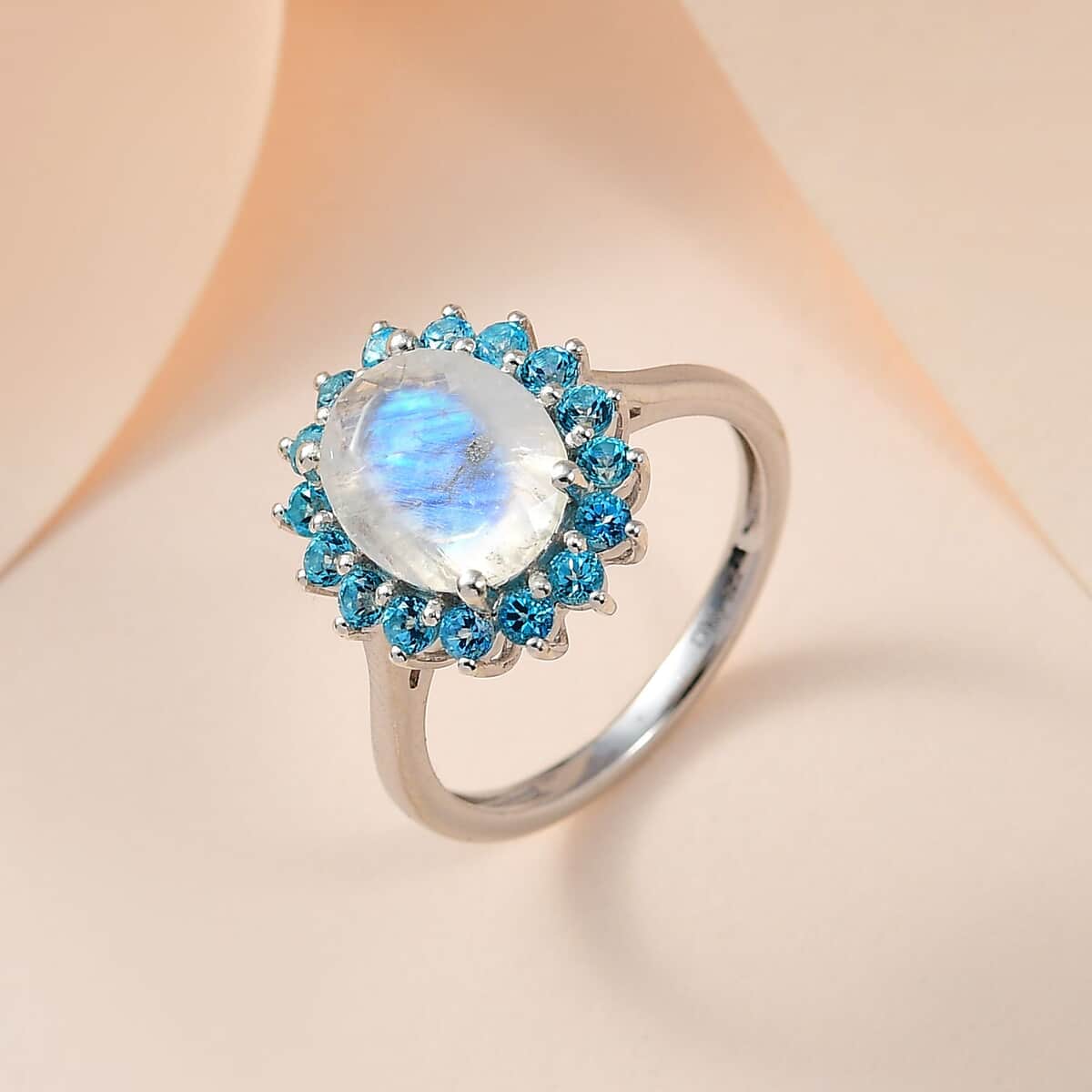 Premium Rainbow Moonstone and Signity Pariaba Topaz Halo Ring in Platinum Over Sterling Silver (Size 10.0) 3.10 ctw image number 1