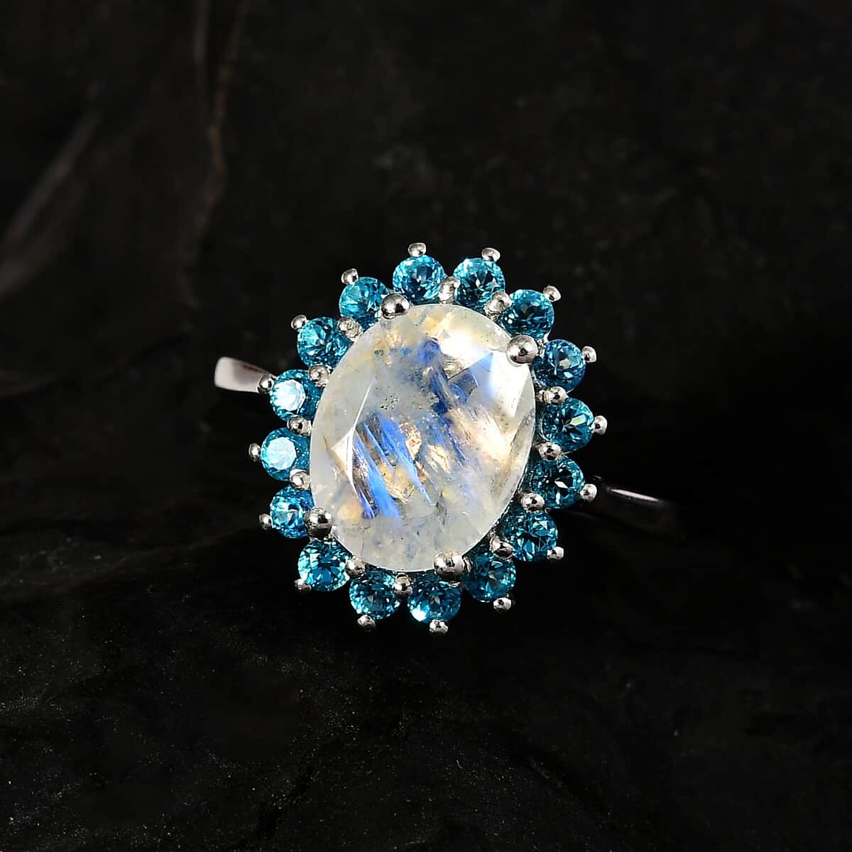 Premium Rainbow Moonstone and Signity Pariaba Topaz Halo Ring in Platinum Over Sterling Silver (Size 10.0) 3.10 ctw image number 2