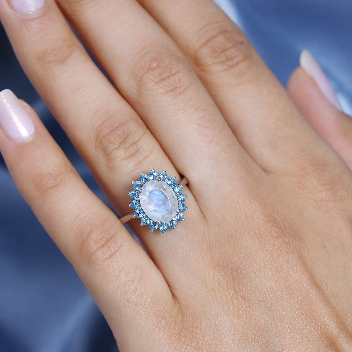 Premium Rainbow Moonstone and Signity Pariaba Topaz Halo Ring in Platinum Over Sterling Silver (Size 10.0) 3.10 ctw image number 3