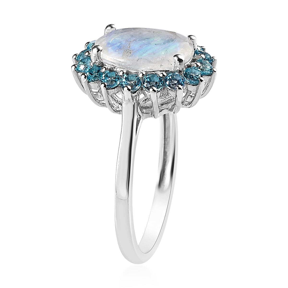Premium Rainbow Moonstone and Signity Pariaba Topaz Halo Ring in Platinum Over Sterling Silver (Size 10.0) 3.10 ctw