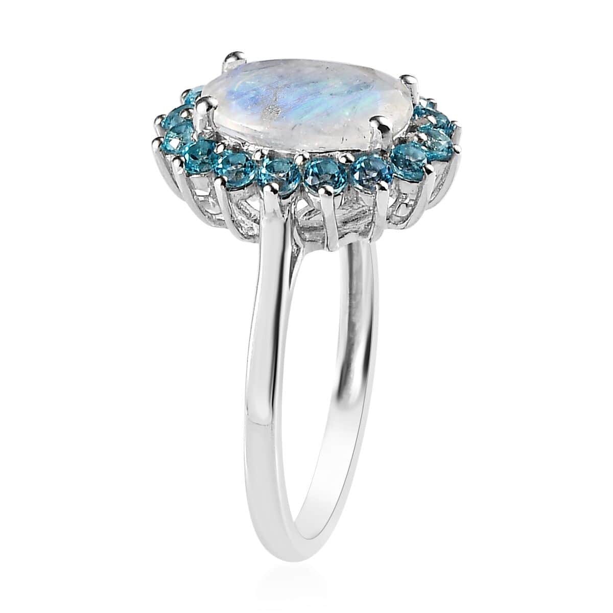 Premium Rainbow Moonstone and Signity Pariaba Topaz Halo Ring in Platinum Over Sterling Silver (Size 10.0) 3.10 ctw image number 4