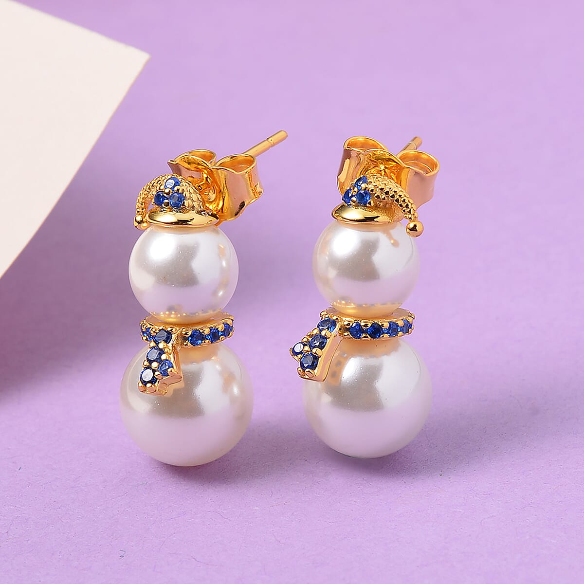White Shell Pearl and Tanzanian Blue Spinel (DF) Snowman Earrings in 14K Yellow Gold Over Sterling Silver 0.35 ctw image number 1