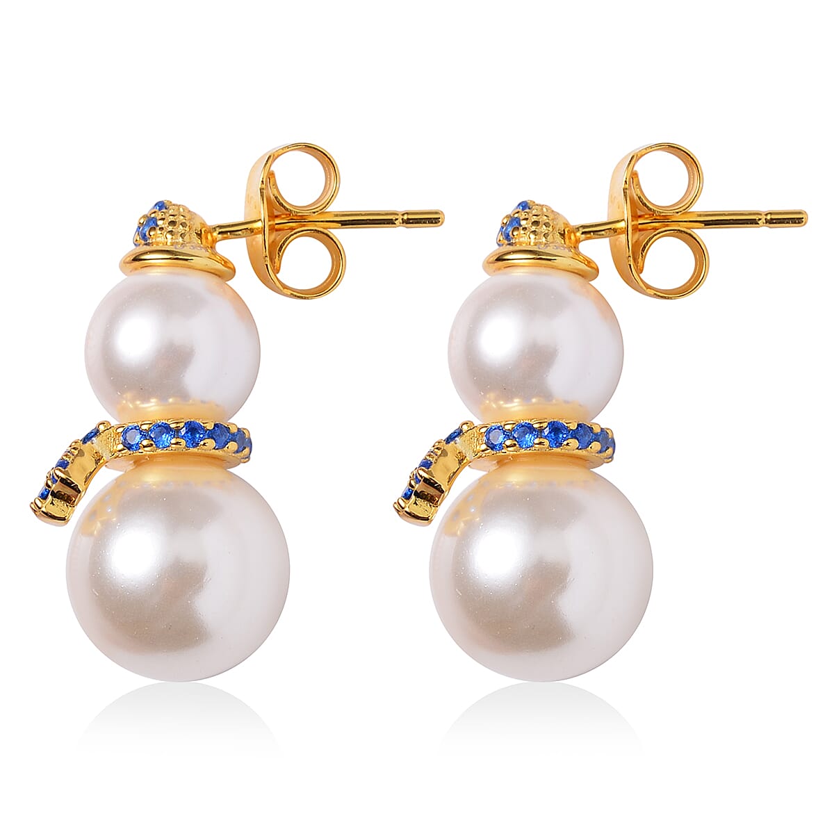White Shell Pearl and Tanzanian Blue Spinel (DF) Snowman Earrings in 14K Yellow Gold Over Sterling Silver 0.35 ctw image number 3
