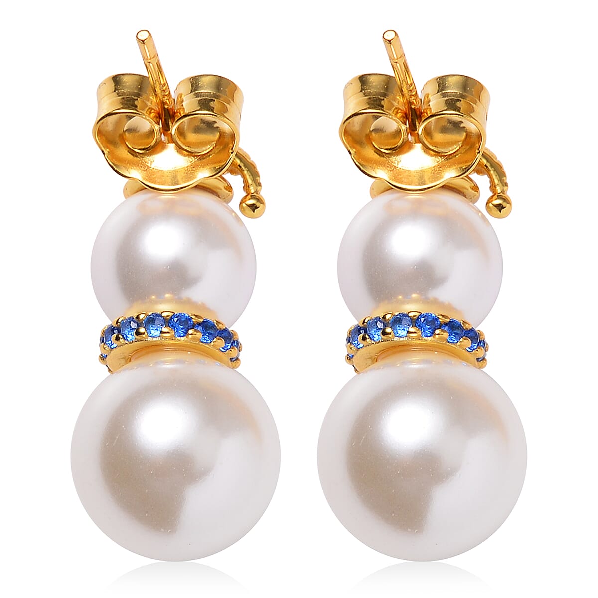 White Shell Pearl and Tanzanian Blue Spinel (DF) Snowman Earrings in 14K Yellow Gold Over Sterling Silver 0.35 ctw image number 4