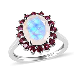 Premium Rainbow Moonstone and Signity Blazing Red Topaz Halo Ring in Platinum Over Sterling Silver (Size 7.0) 3.10 ctw