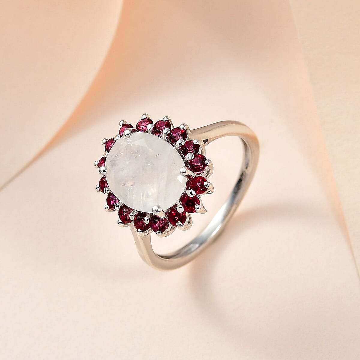 Premium Rainbow Moonstone and Signity Blazing Red Topaz Halo Ring in Platinum Over Sterling Silver (Size 7.0) 3.10 ctw image number 1