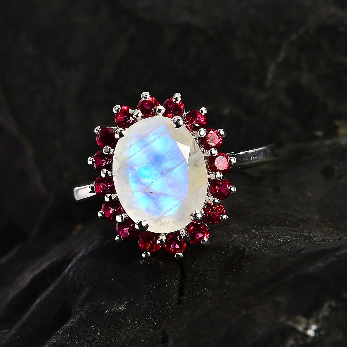 Premium Rainbow Moonstone and Signity Blazing Red Topaz Halo Ring in Platinum Over Sterling Silver (Size 7.0) 3.10 ctw image number 2
