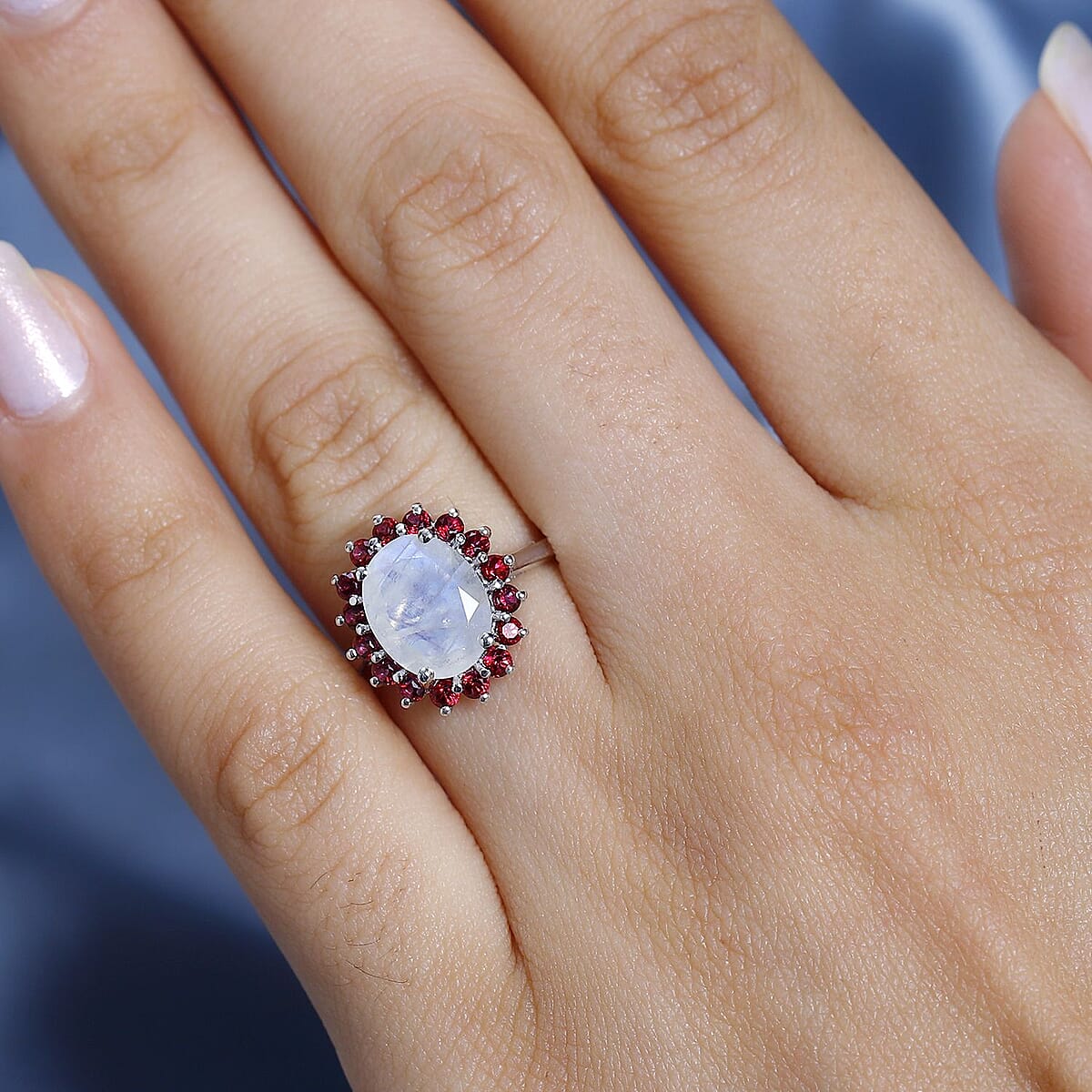 Premium Rainbow Moonstone and Signity Blazing Red Topaz Halo Ring in Platinum Over Sterling Silver (Size 7.0) 3.10 ctw image number 3