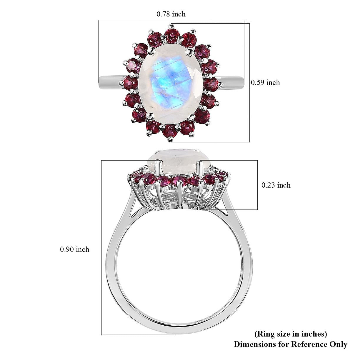 Premium Rainbow Moonstone and Signity Blazing Red Topaz Halo Ring in Platinum Over Sterling Silver (Size 7.0) 3.10 ctw image number 6