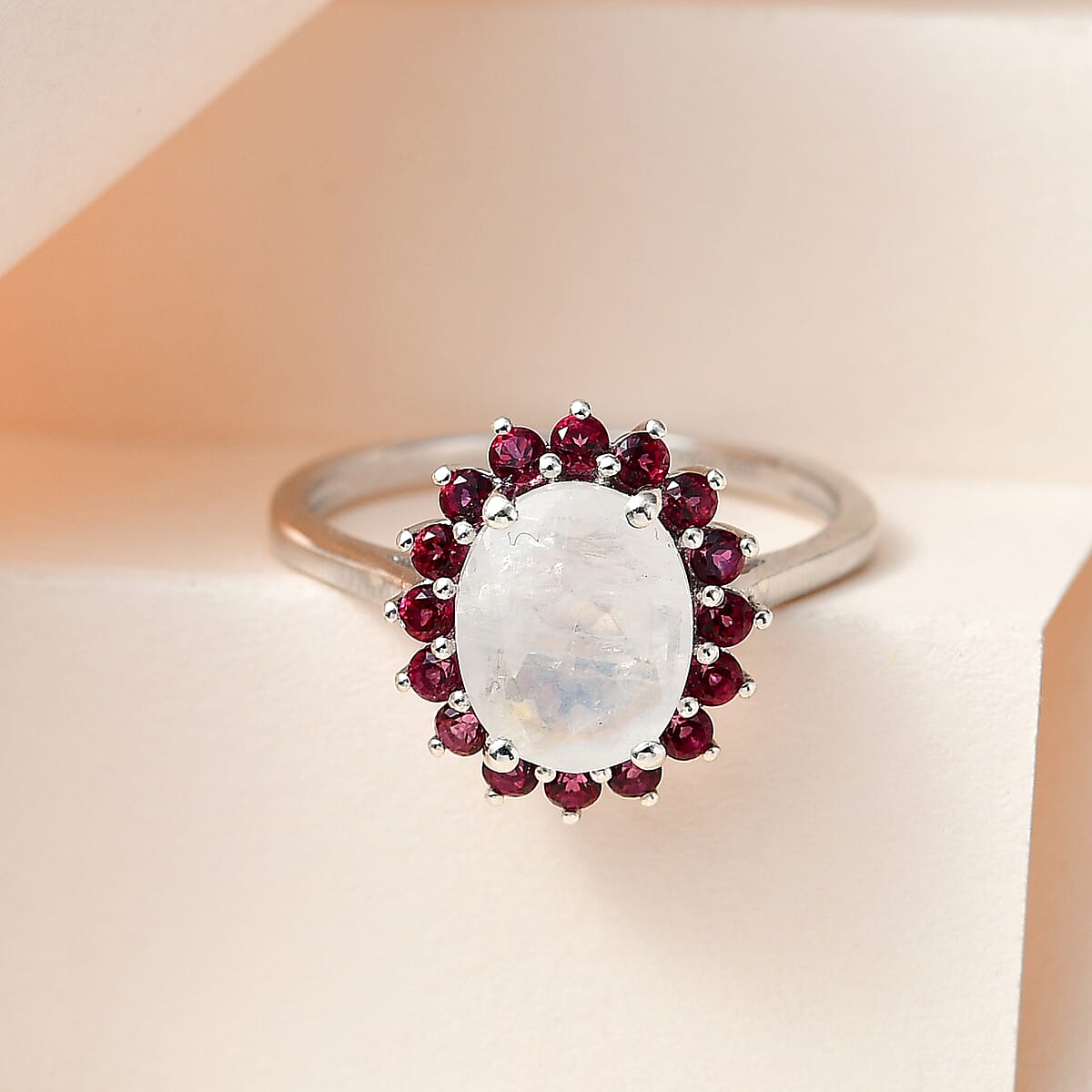 Premium Rainbow Moonstone, Signity Blazing Red Topaz Halo Ring in Platinum Over Sterling Silver (Size 9.0) 3.10 ctw image number 1