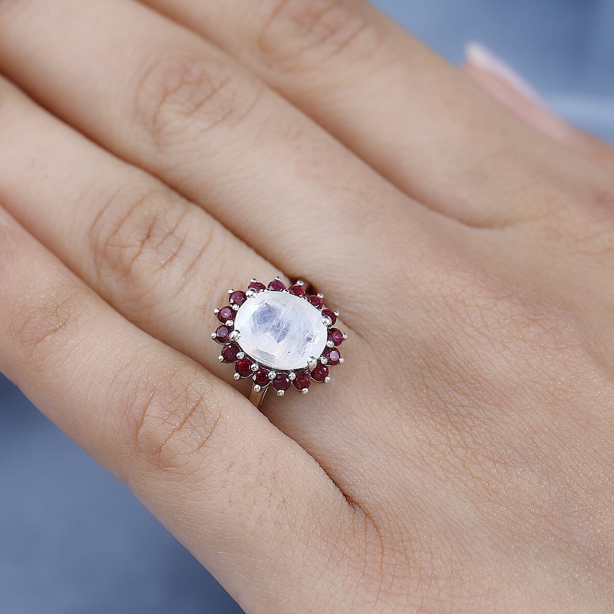 Premium Rainbow Moonstone, Signity Blazing Red Topaz Halo Ring in Platinum Over Sterling Silver (Size 9.0) 3.10 ctw image number 2