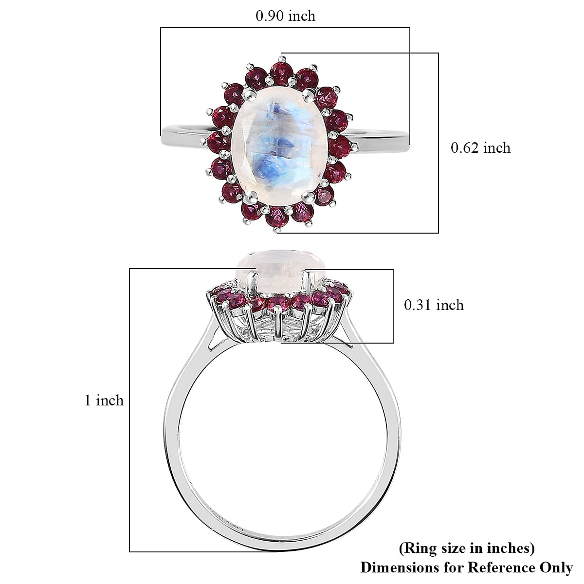 Premium Rainbow Moonstone, Signity Blazing Red Topaz Halo Ring in Platinum Over Sterling Silver (Size 9.0) 3.10 ctw image number 5