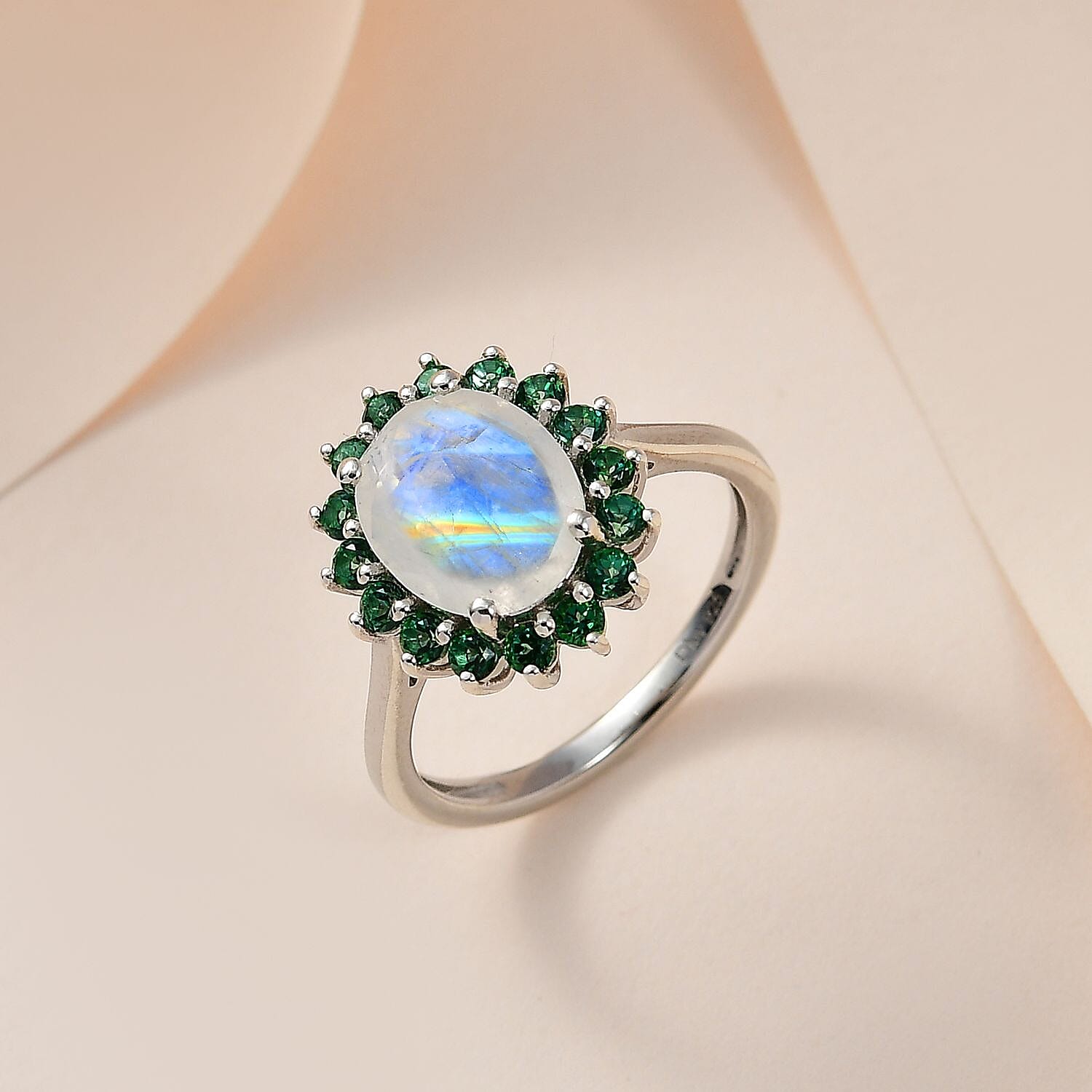 Premium Rainbow Moonstone and Signity Rainforest Topaz Halo Ring in Platinum Over Sterling Silver (Size 6.0) 3.10 ctw