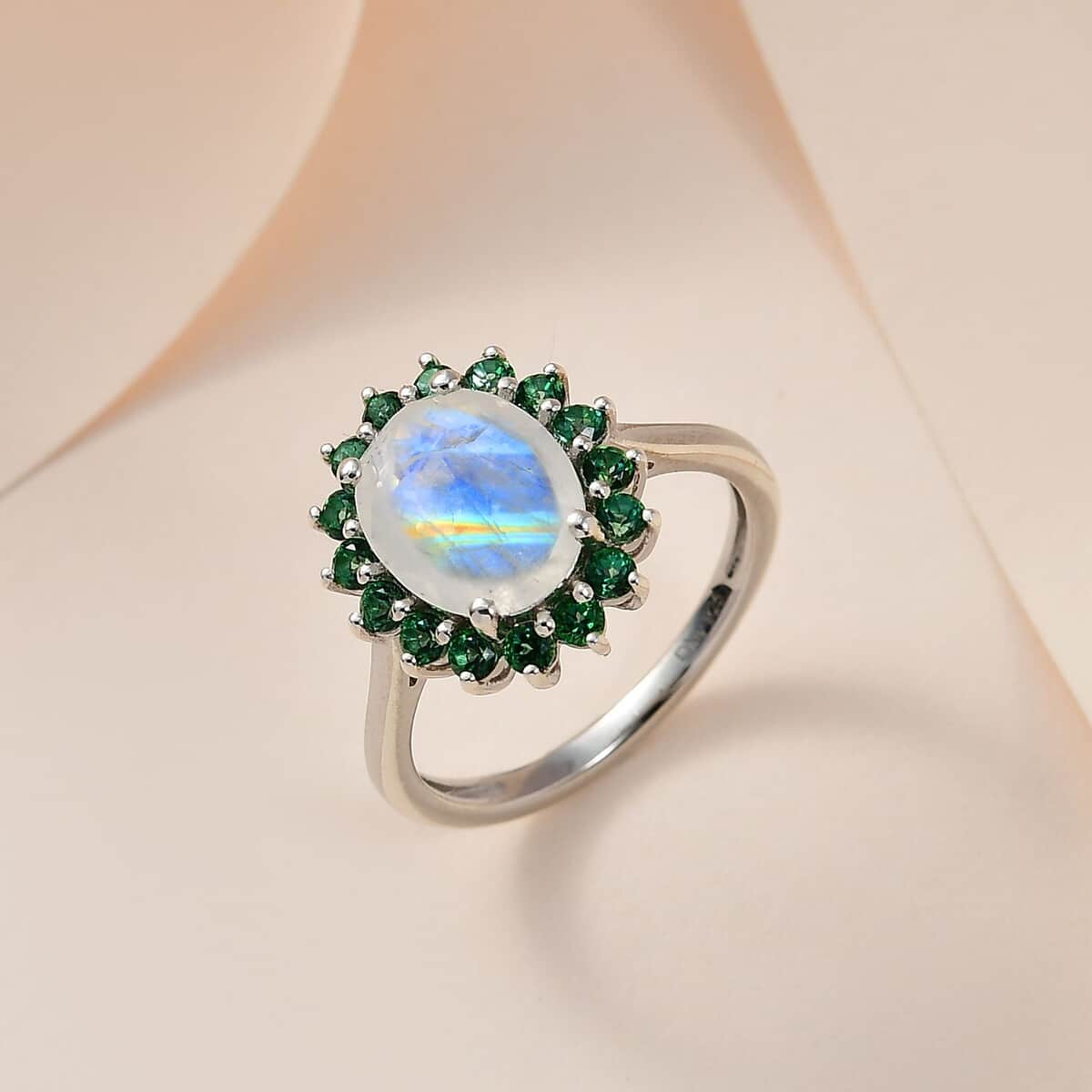 Premium Rainbow Moonstone and Signity Rainforest Topaz Halo Ring in Platinum Over Sterling Silver (Size 6.0) 3.10 ctw image number 1