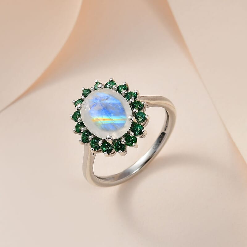 Premium Rainbow Moonstone and Signity Rainforest Topaz Halo Ring in Platinum Over Sterling Silver (Size 6.0) 3.10 ctw
