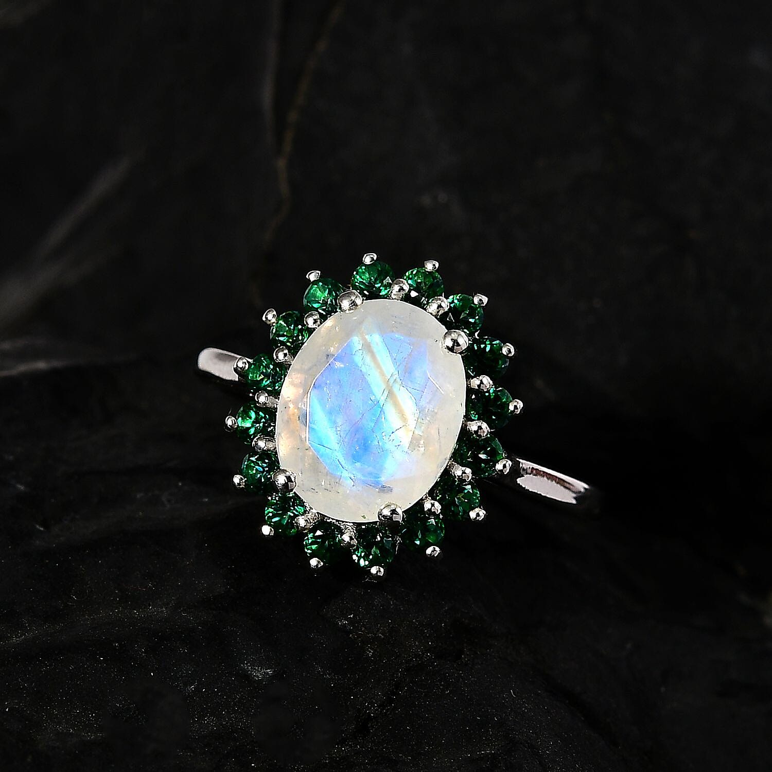 Premium Rainbow Moonstone and Signity Rainforest Topaz Halo Ring in Platinum Over Sterling Silver (Size 6.0) 3.10 ctw