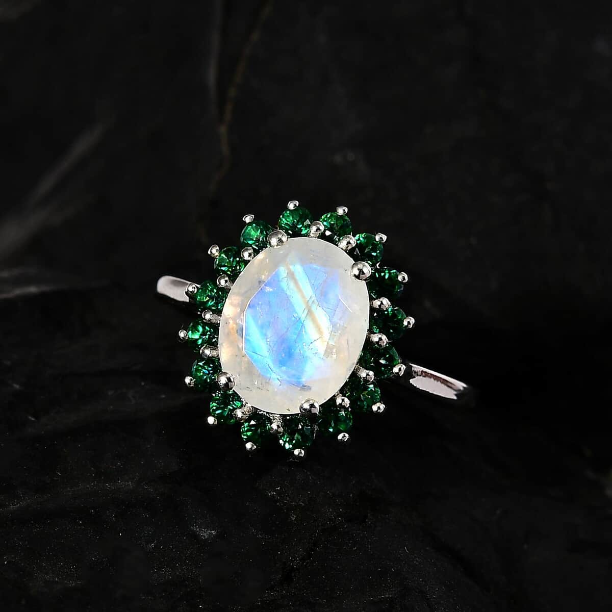 Premium Rainbow Moonstone and Signity Rainforest Topaz Halo Ring in Platinum Over Sterling Silver (Size 6.0) 3.10 ctw image number 2