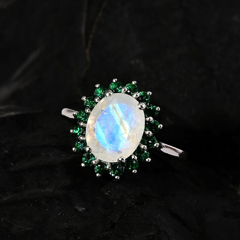 Premium Rainbow Moonstone and Signity Rainforest Topaz Halo Ring in Platinum Over Sterling Silver (Size 6.0) 3.10 ctw