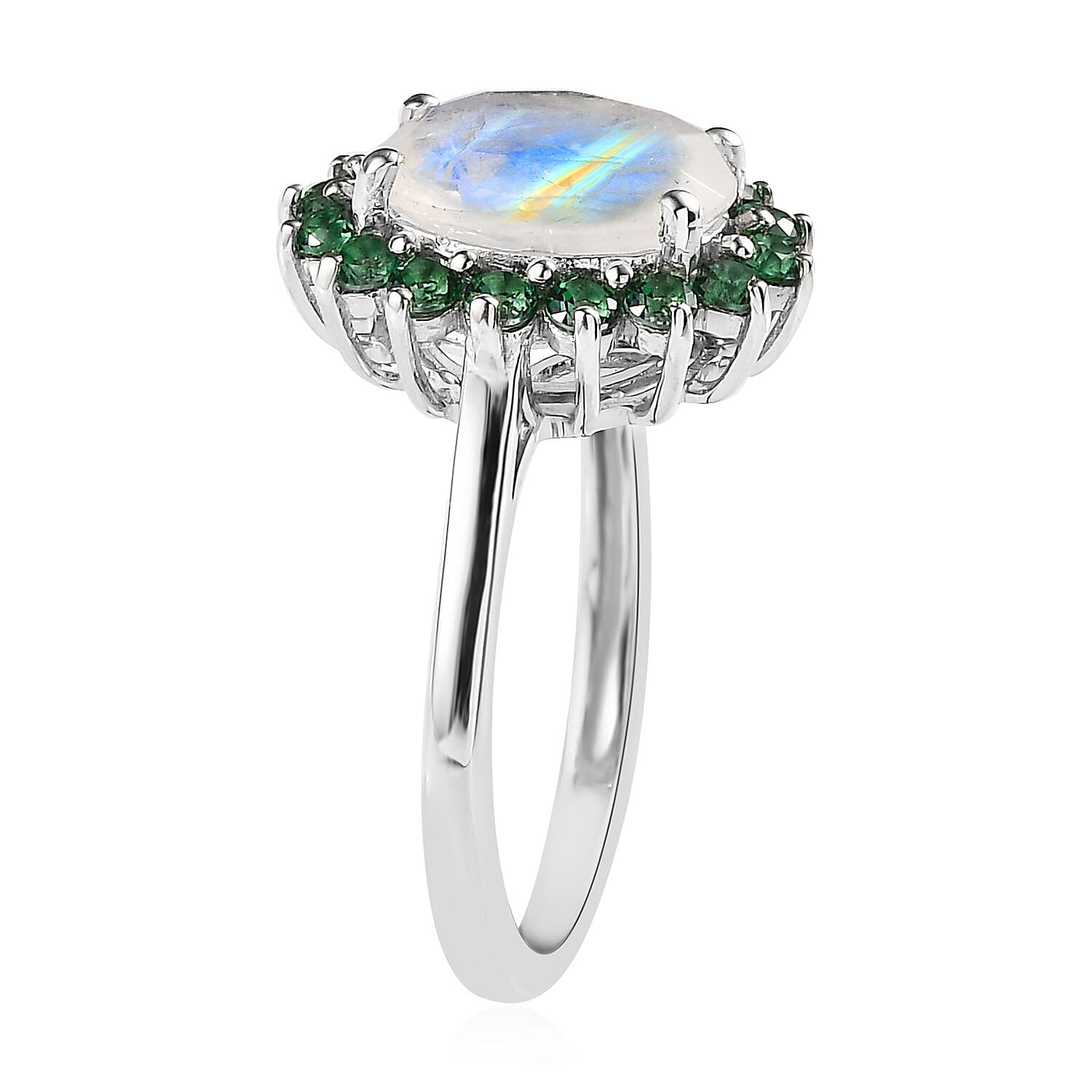 Premium Rainbow Moonstone and Signity Rainforest Topaz Halo Ring in Platinum Over Sterling Silver (Size 6.0) 3.10 ctw