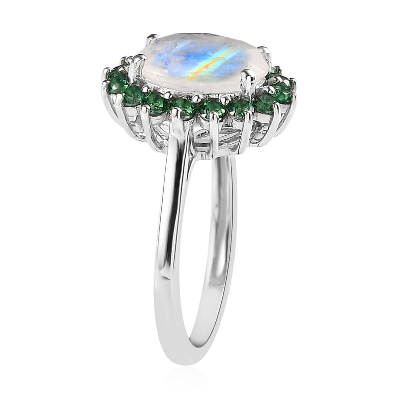 Premium Rainbow Moonstone and Signity Rainforest Topaz Halo Ring in Platinum Over Sterling Silver (Size 6.0) 3.10 ctw