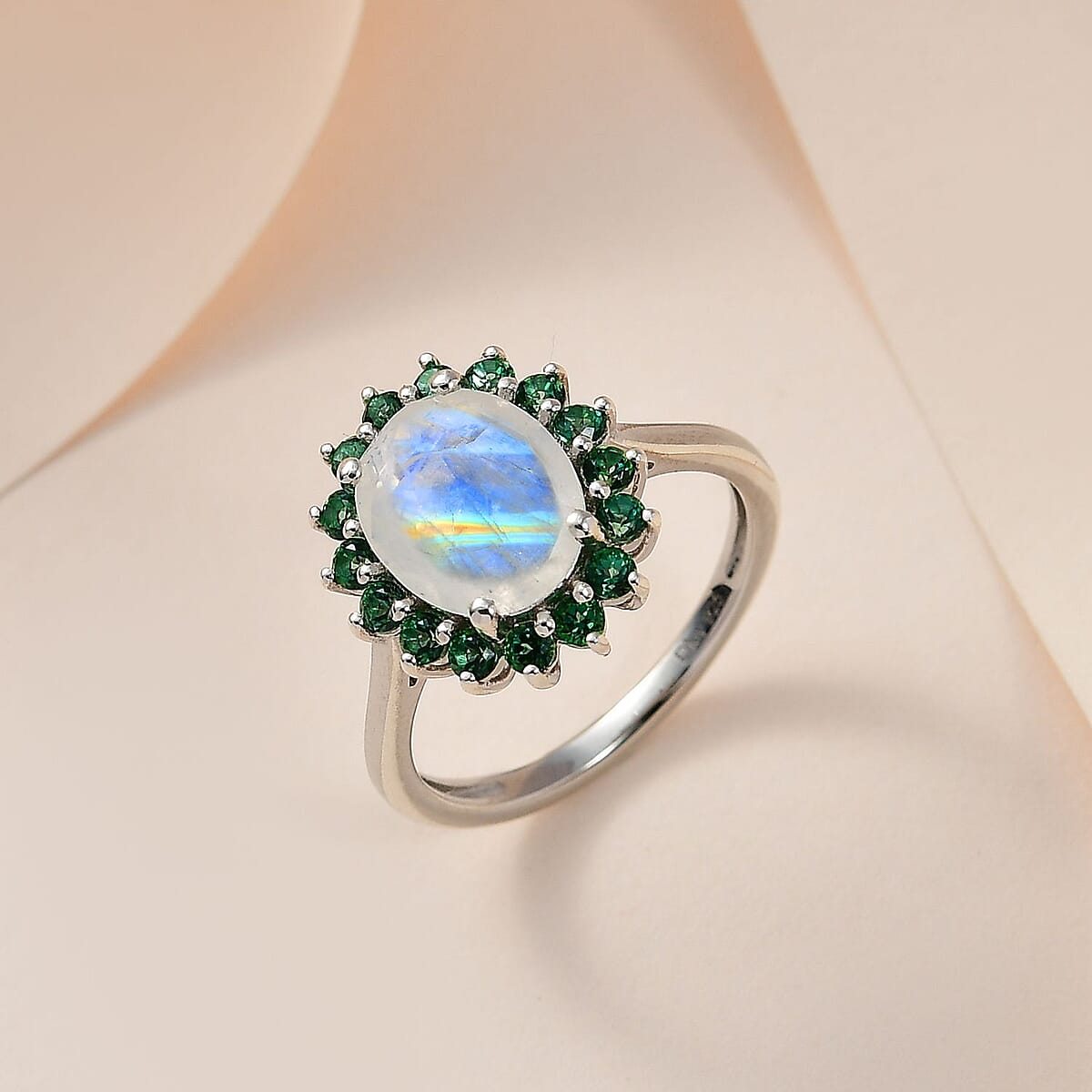 Premium Rainbow Moonstone and Signity Rainforest Topaz Halo Ring in Platinum Over Sterling Silver (Size 8.0) 3.10 ctw image number 1