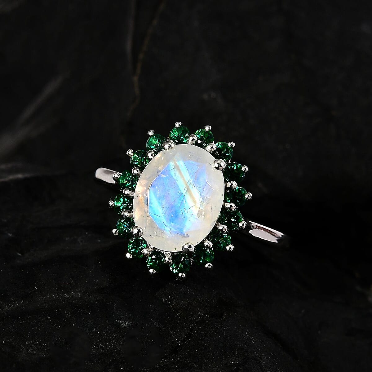 Premium Rainbow Moonstone and Signity Rainforest Topaz Halo Ring in Platinum Over Sterling Silver (Size 8.0) 3.10 ctw image number 2