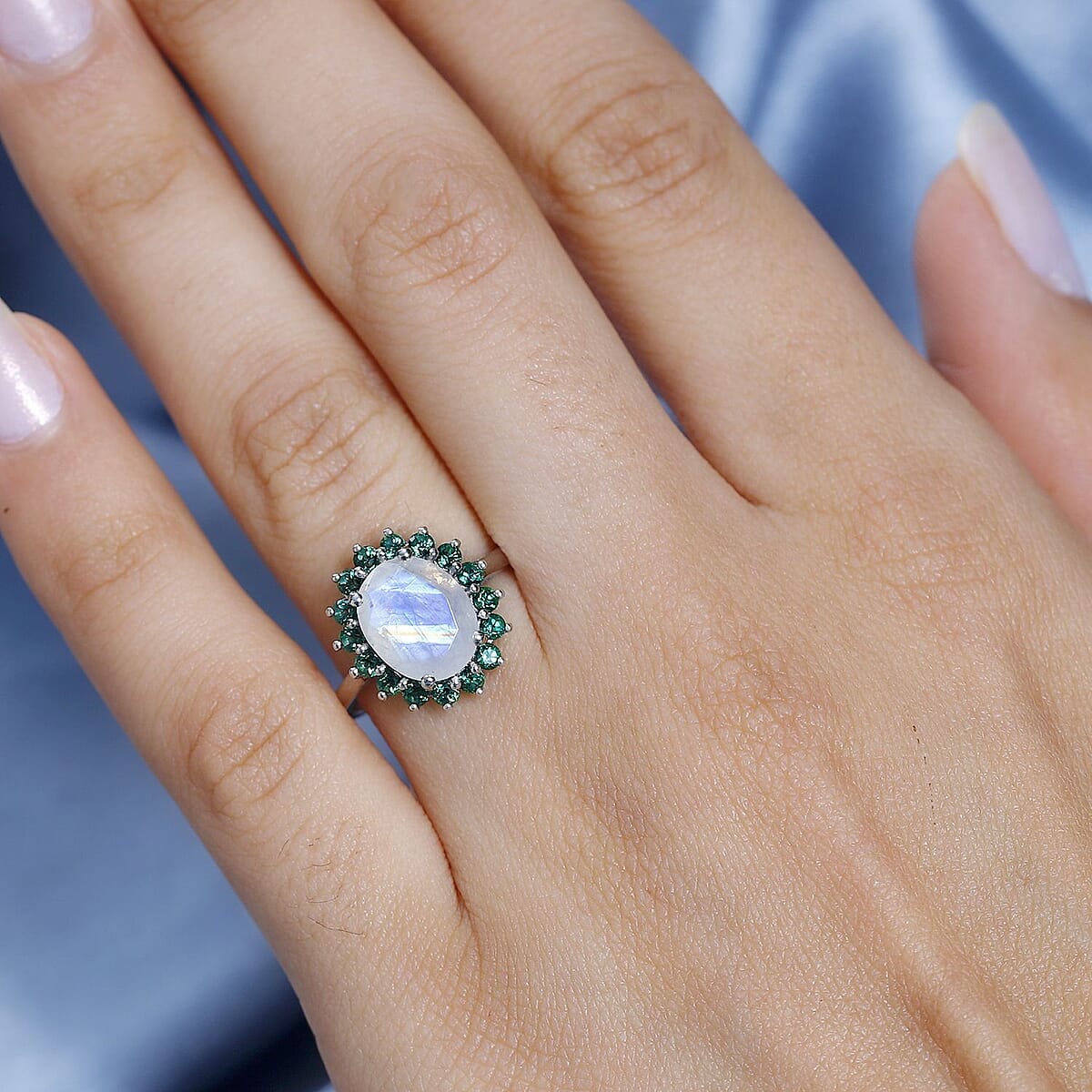 Premium Rainbow Moonstone and Signity Rainforest Topaz Halo Ring in Platinum Over Sterling Silver (Size 8.0) 3.10 ctw image number 3